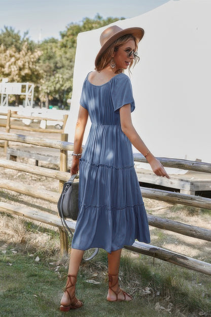 Button V Neck Tiered Short Sleeve Midi Dress - Tigbul's Variety Fashion Shop