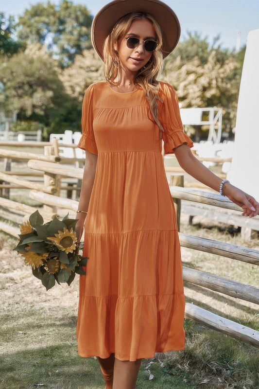 Flowy Pleated Short Sleeve Solid Midi Dress - Tigbul's Variety Fashion Shop