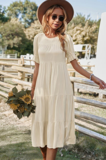 Flowy Pleated Short Sleeve Solid Midi Dress - Tigbul's Variety Fashion Shop
