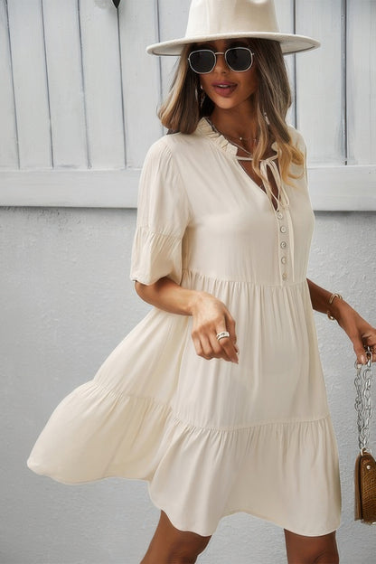 V Neck Flounce Sleeve Ruffle Hem Tie Neck Dress - Tigbul's Variety Fashion Shop