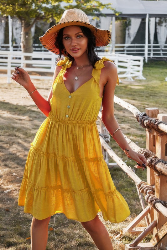 Sleeveless Button Ruffle Dress Swing Pleated Dress - Tigbul's Variety Fashion Shop
