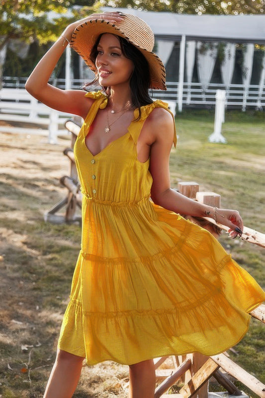 Sleeveless Button Ruffle Dress Swing Pleated Dress - Tigbul's Variety Fashion Shop