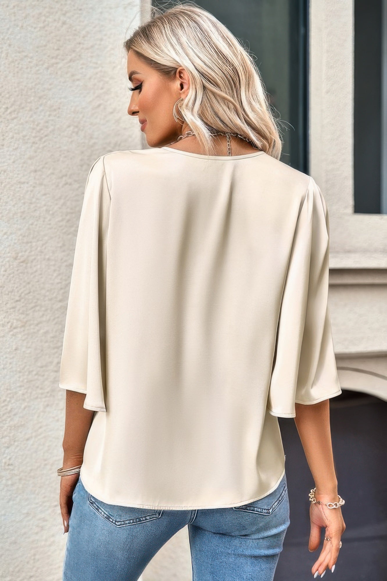 Solid V Neck Satin High Low Hem Blouse - Tigbul's Variety Fashion Shop