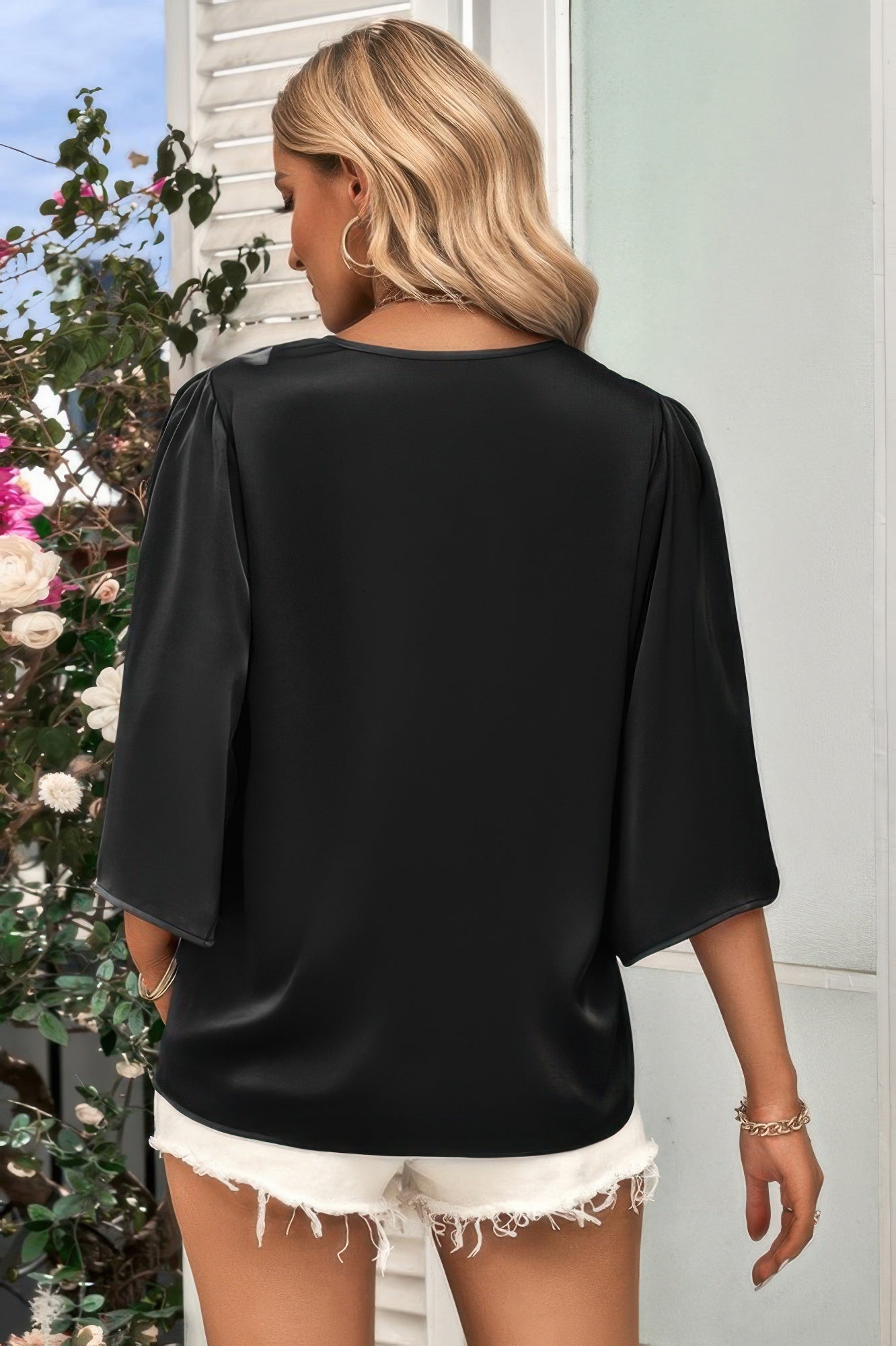 Solid V Neck Satin High Low Hem Blouse - Tigbul's Variety Fashion Shop