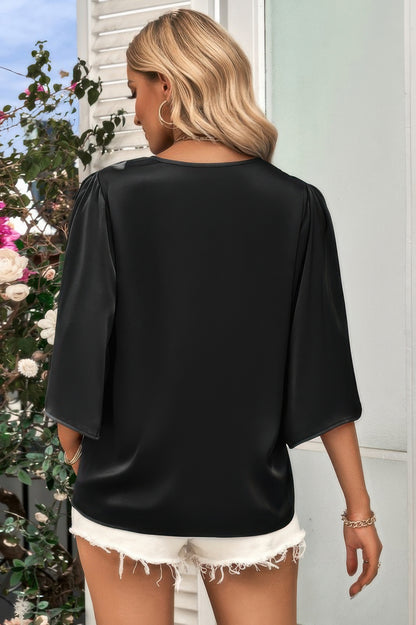 Solid V Neck Satin High Low Hem Blouse - Tigbul's Variety Fashion Shop