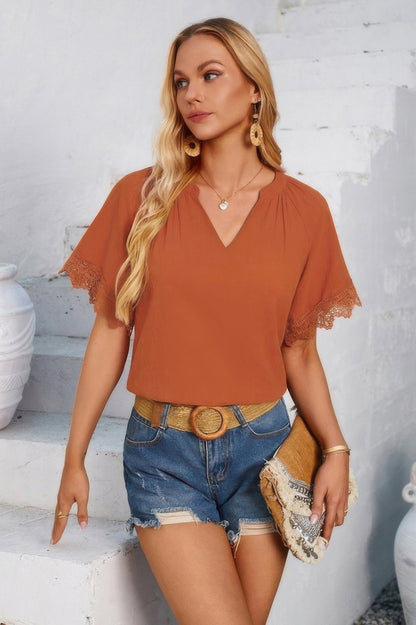 Solid V Neck Lace Hem Butterfly Sleeve Blouse - Tigbul's Variety Fashion Shop