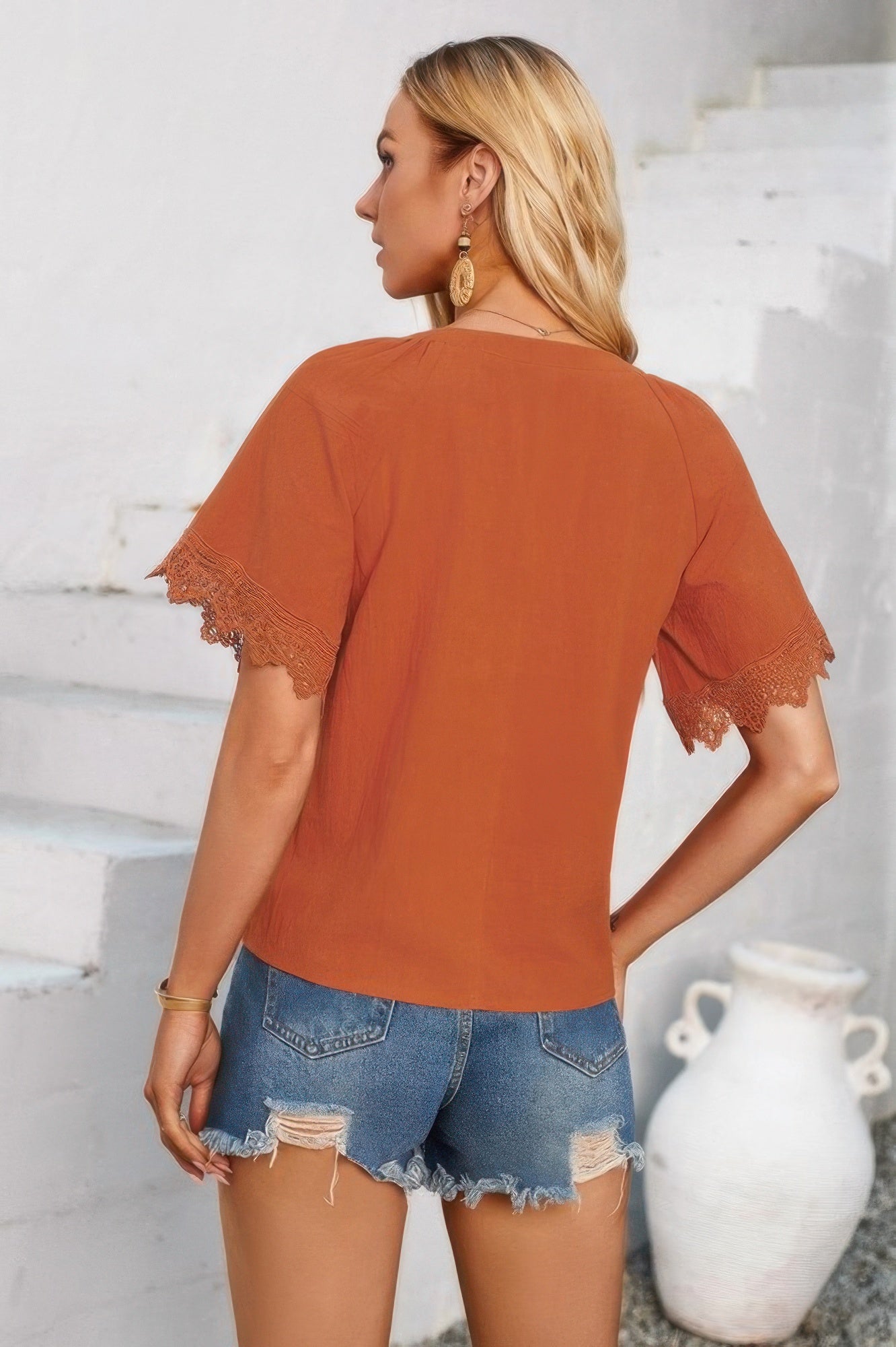 Solid V Neck Lace Hem Butterfly Sleeve Blouse - Tigbul's Variety Fashion Shop