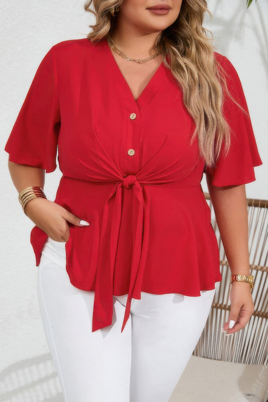 Plus Solid Butterfly Sleeve Knot Front Peplum Shirt - Tigbul's Variety Fashion Shop