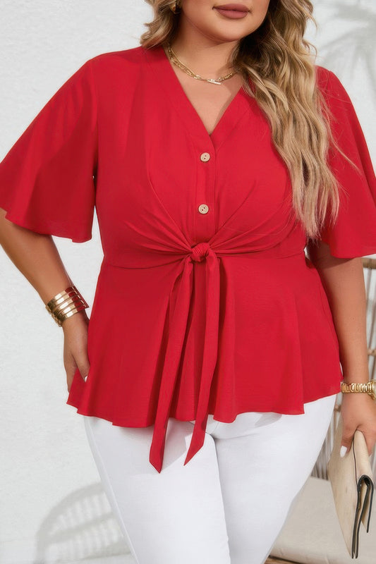 Plus Solid Butterfly Sleeve Knot Front Peplum Shirt - Tigbul's Variety Fashion Shop