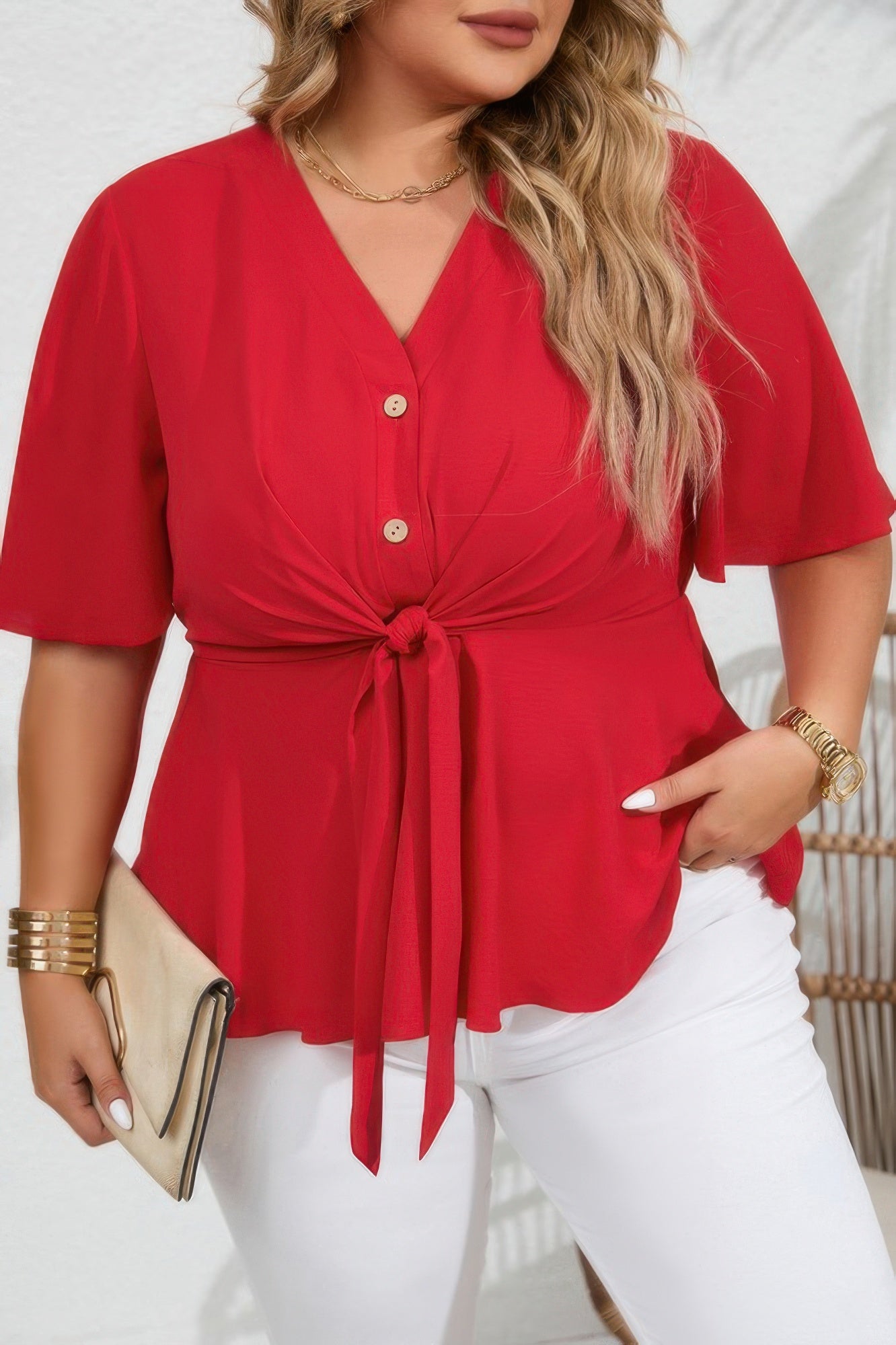 Plus Solid Butterfly Sleeve Knot Front Peplum Shirt - Tigbul's Variety Fashion Shop