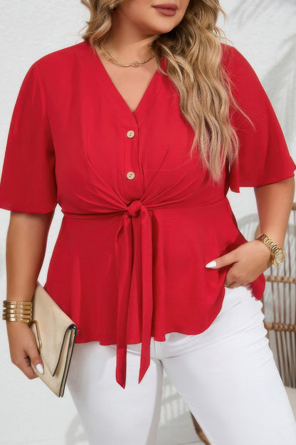 Plus Solid Butterfly Sleeve Knot Front Peplum Shirt - Tigbul's Variety Fashion Shop