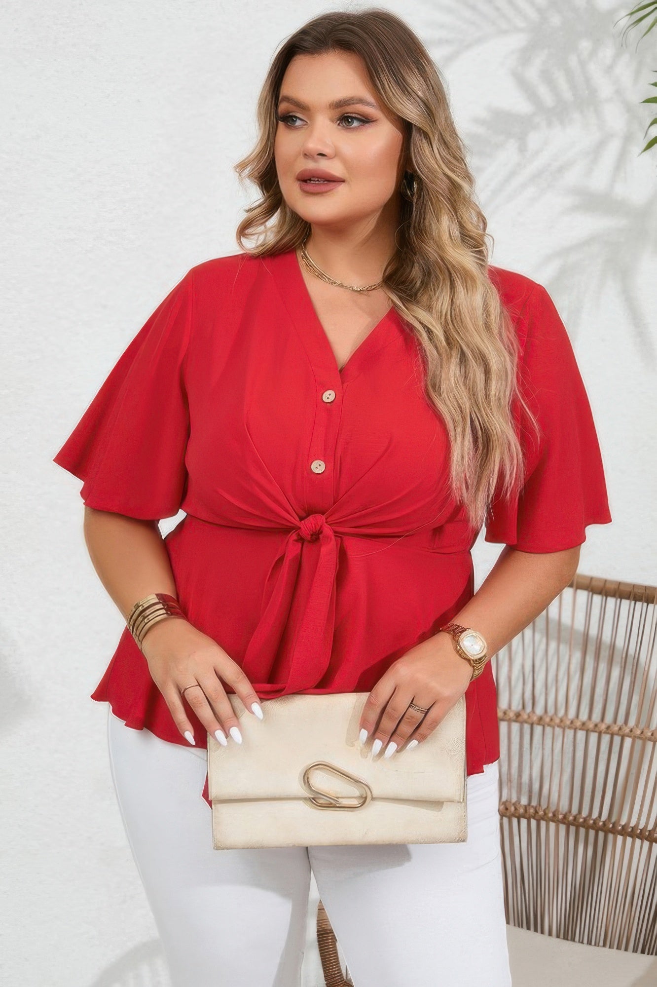 Plus Solid Butterfly Sleeve Knot Front Peplum Shirt - Tigbul's Variety Fashion Shop