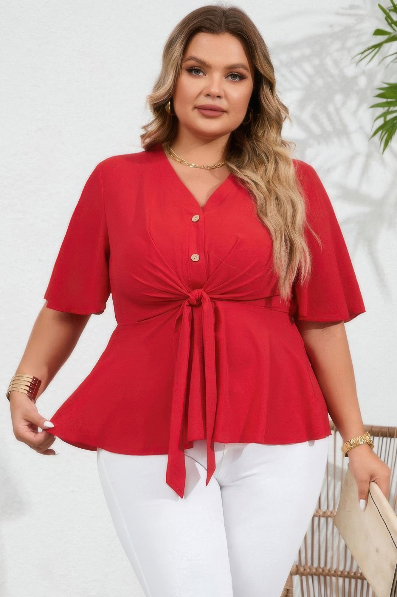 Plus Solid Butterfly Sleeve Knot Front Peplum Shirt - Tigbul's Variety Fashion Shop