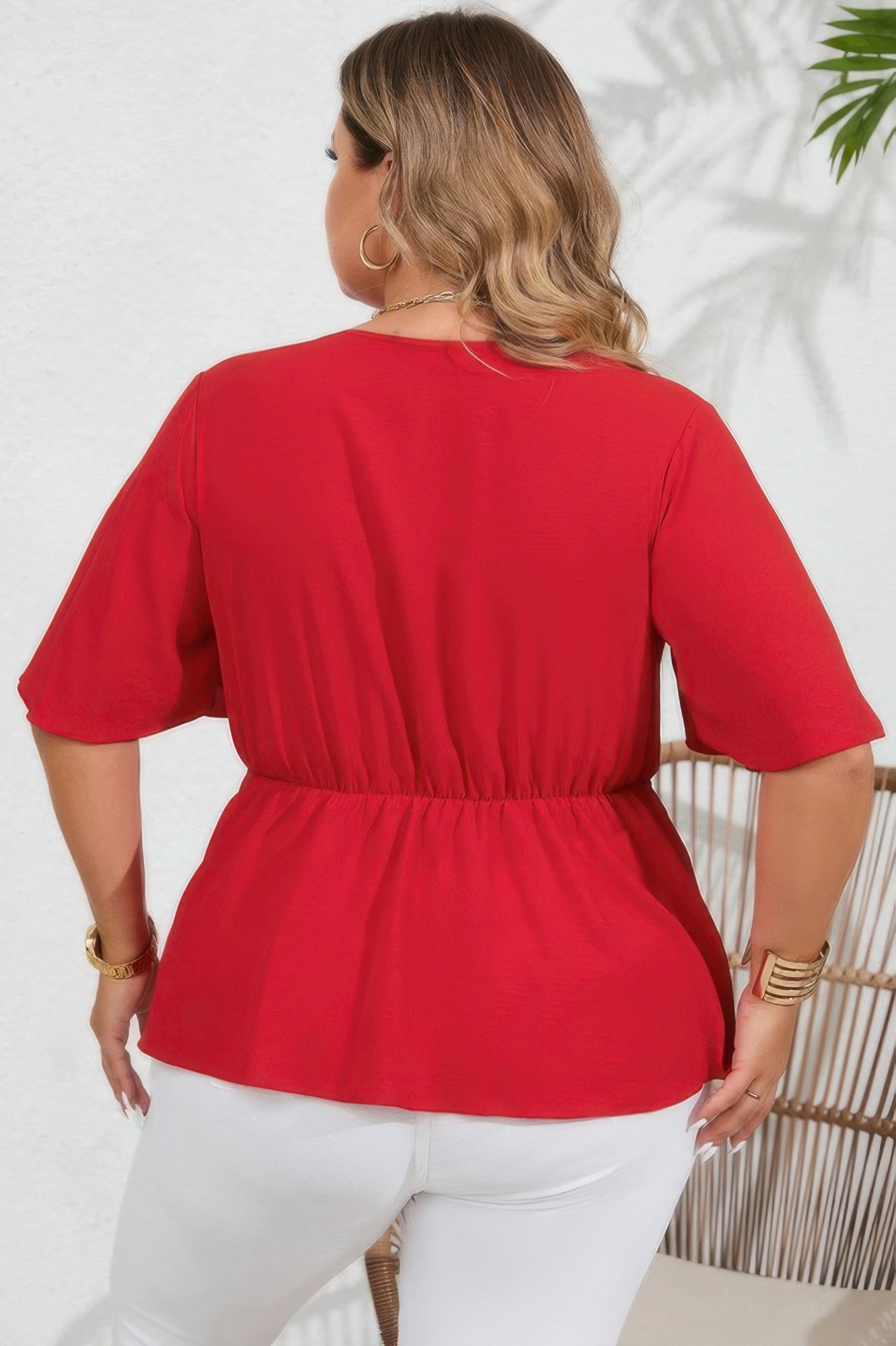 Plus Solid Butterfly Sleeve Knot Front Peplum Shirt - Tigbul's Variety Fashion Shop