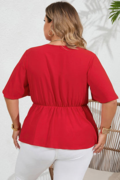 Plus Solid Butterfly Sleeve Knot Front Peplum Shirt - Tigbul's Variety Fashion Shop