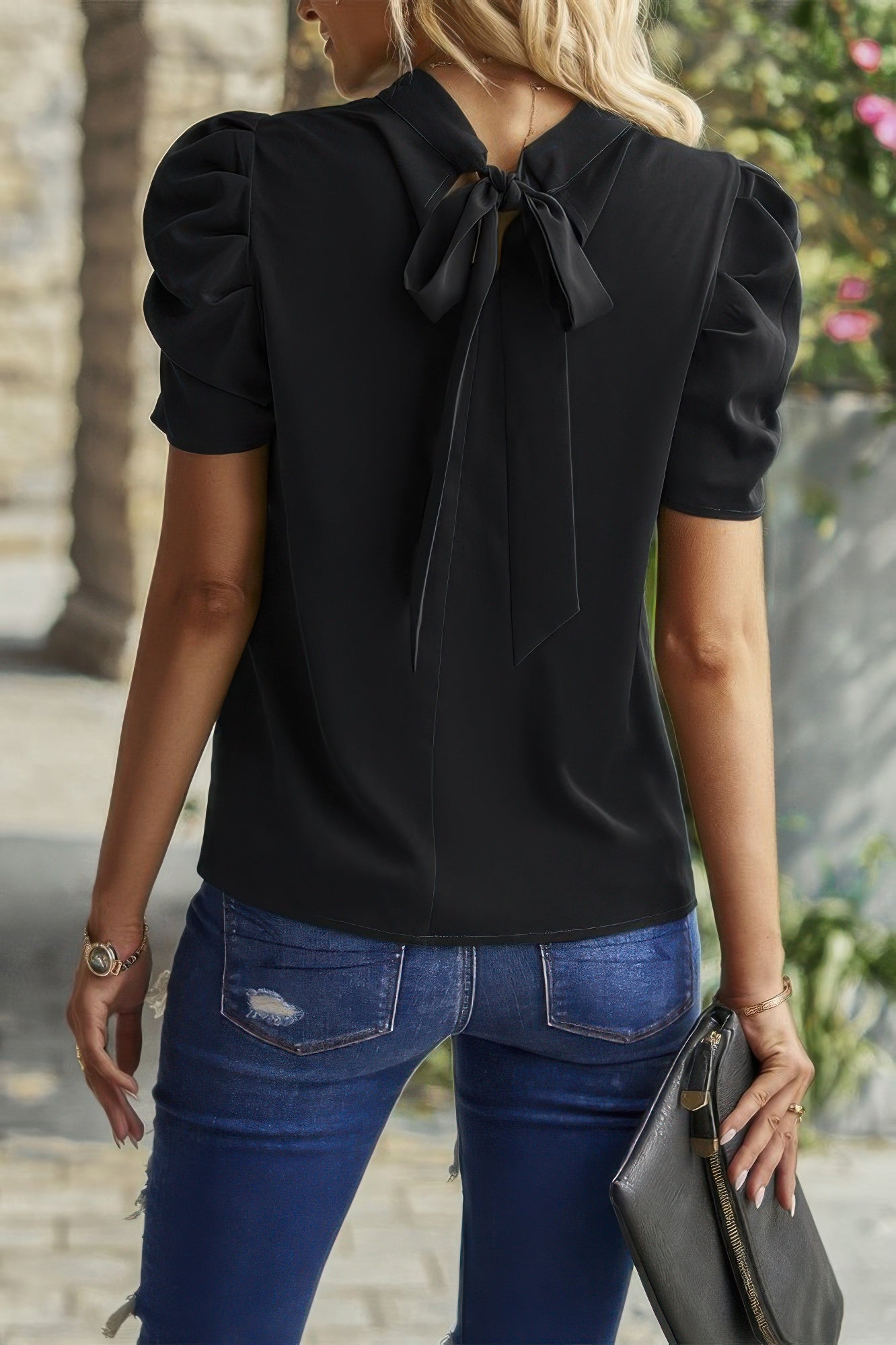 Solid Puff Short Sleeve Mock Neck Pleated T Shirt - Tigbul's Variety Fashion Shop