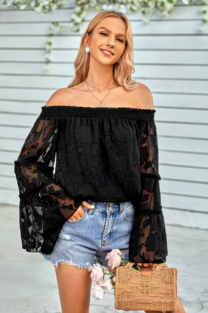 Solid Off Shoulder Flared Sleeve Flowy Blouse - Tigbul's Variety Fashion Shop