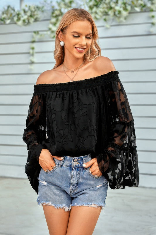 Solid Off Shoulder Flared Sleeve Flowy Blouse - Tigbul's Variety Fashion Shop