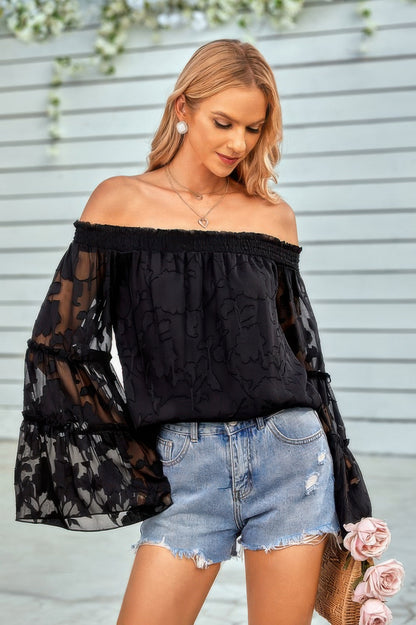 Solid Off Shoulder Flared Sleeve Flowy Blouse - Tigbul's Variety Fashion Shop