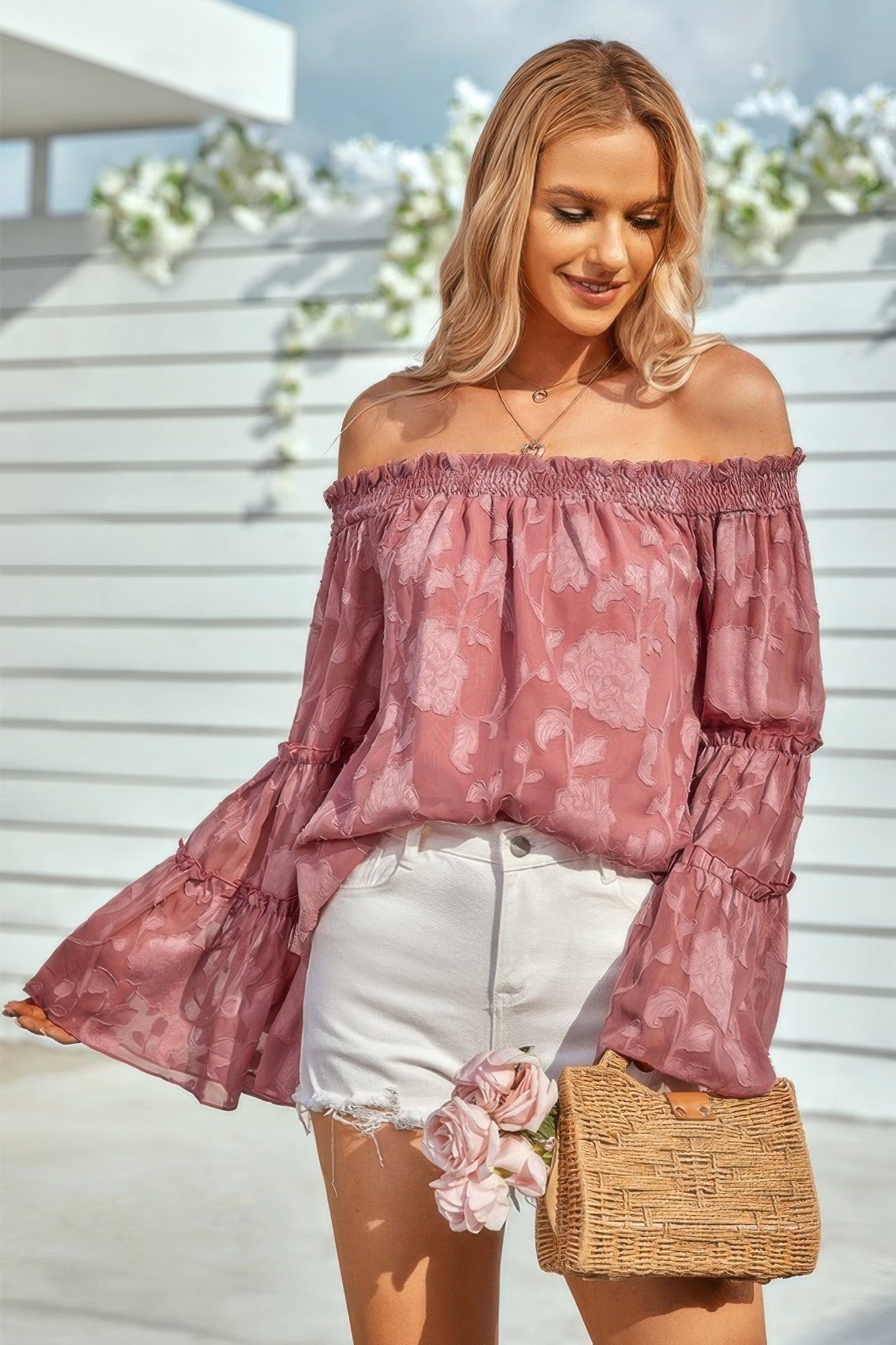 Solid Off Shoulder Flared Sleeve Flowy Blouse - Tigbul's Variety Fashion Shop