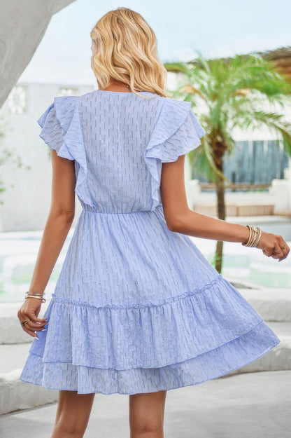 V Neck Hollow Pleated A Line Short Dress - Tigbul's Variety Fashion Shop