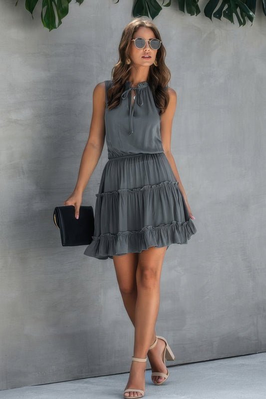 Sleeveless Tie Neck Frill Trim Tiered Layer Dress - Tigbul's Variety Fashion Shop