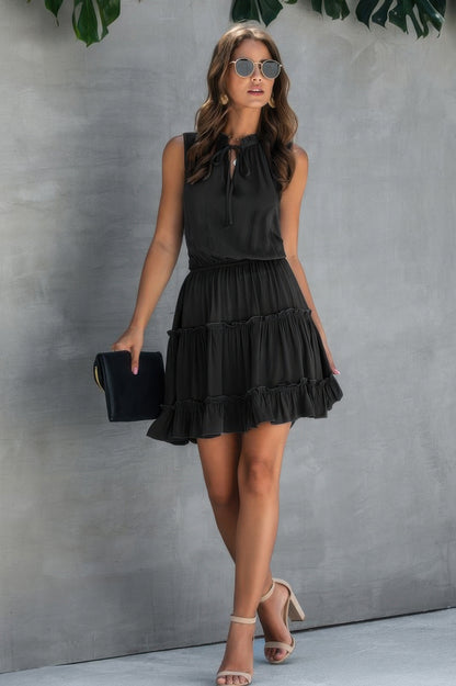 Sleeveless Tie Neck Frill Trim Tiered Layer Dress - Tigbul's Variety Fashion Shop