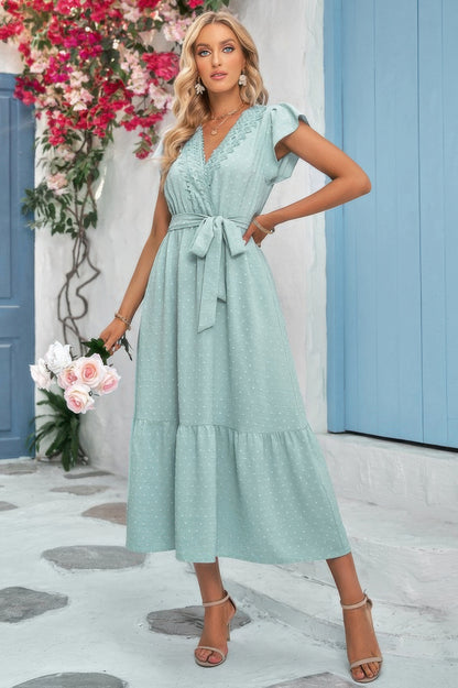 Solid Dot V Neck Lace Ruffle Belt Long Dress - Tigbul's Variety Fashion Shop