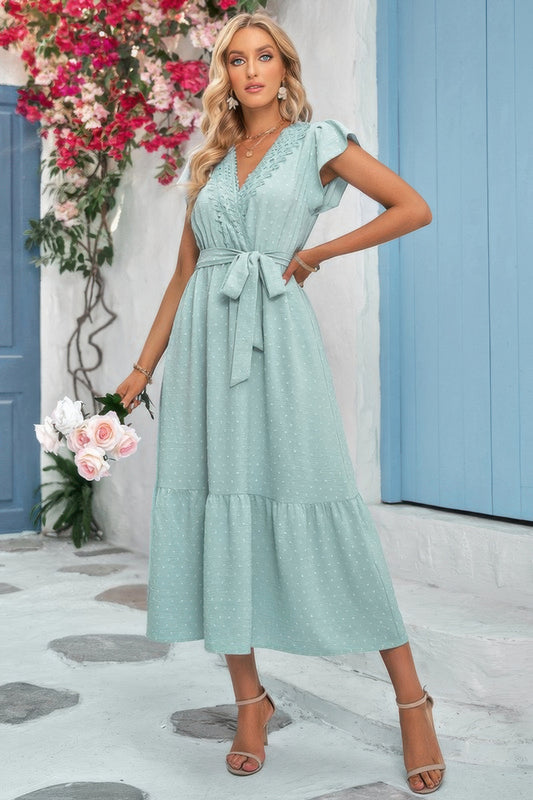 Solid Dot V Neck Lace Ruffle Belt Long Dress - Tigbul's Variety Fashion Shop