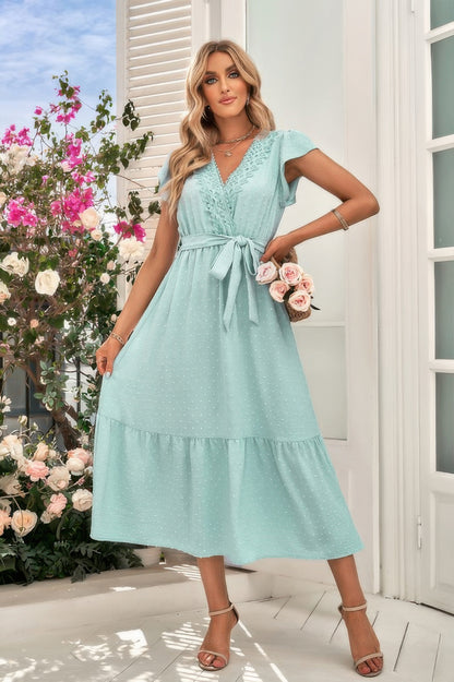 Solid Dot V Neck Lace Ruffle Belt Long Dress - Tigbul's Variety Fashion Shop