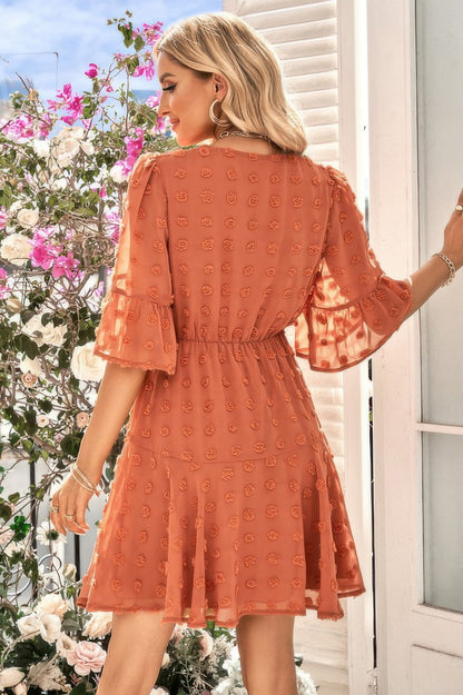 Solid Swiss Dot Flare Sleeve V Neck Dress - Tigbul's Variety Fashion Shop