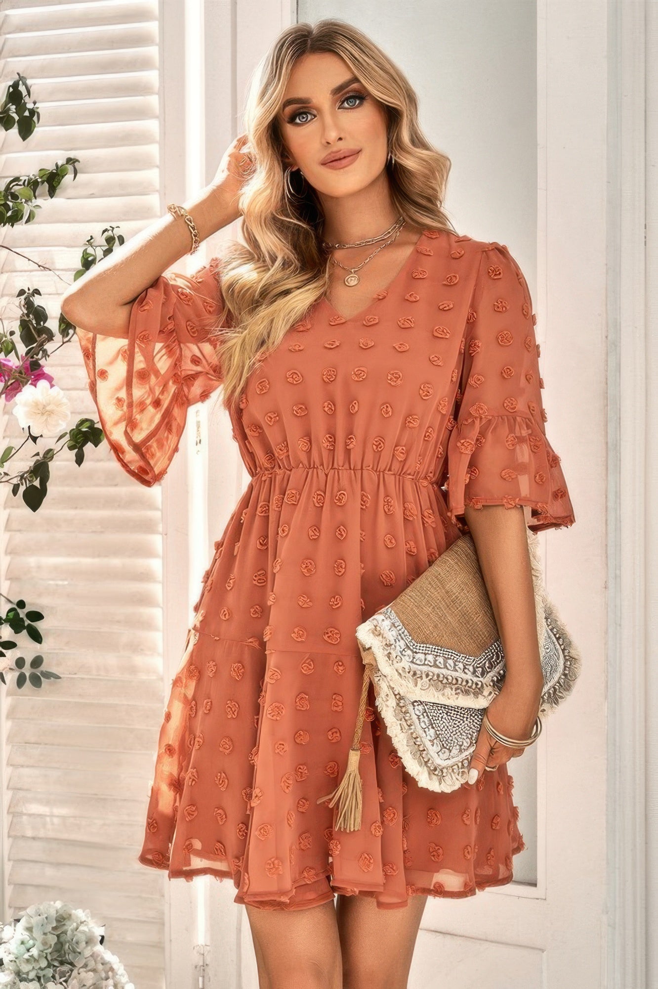 Solid Swiss Dot Flare Sleeve V Neck Dress - Tigbul's Variety Fashion Shop