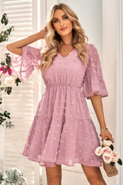 Solid Swiss Dot Flare Sleeve V Neck Dress - Tigbul's Variety Fashion Shop
