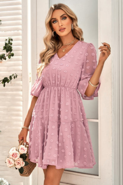 Solid Swiss Dot Flare Sleeve V Neck Dress - Tigbul's Variety Fashion Shop