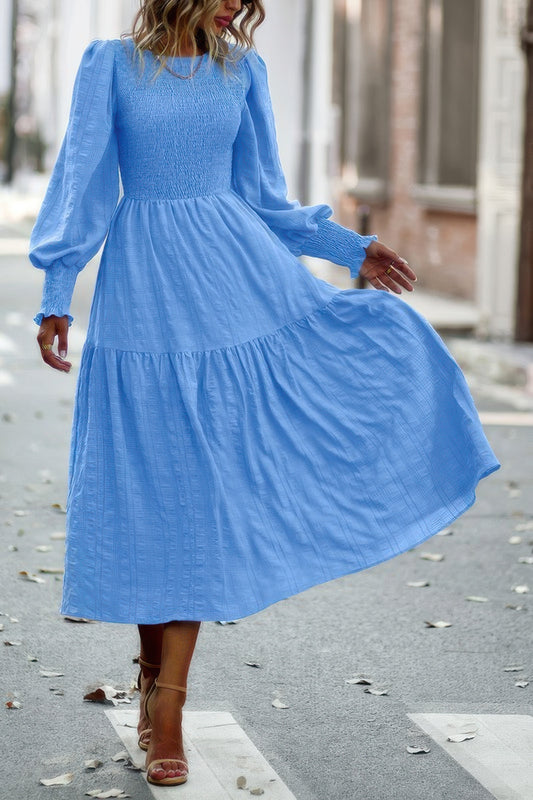 Solid Round Neck Puff Long Sleeve Midi Dress - Tigbul's Variety Fashion Shop