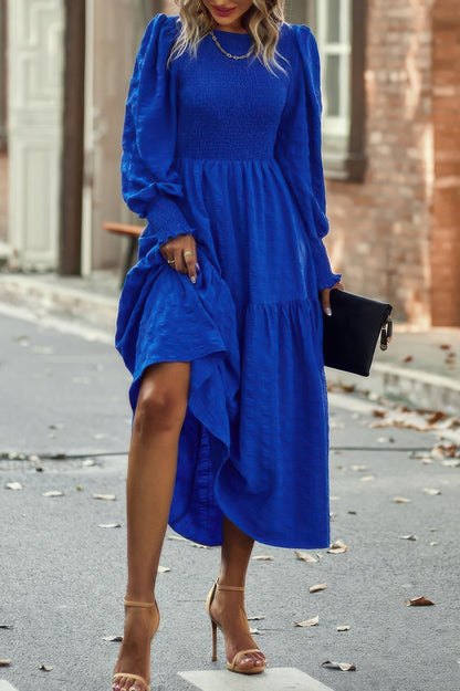 Solid Round Neck Puff Long Sleeve Midi Dress - Tigbul's Variety Fashion Shop
