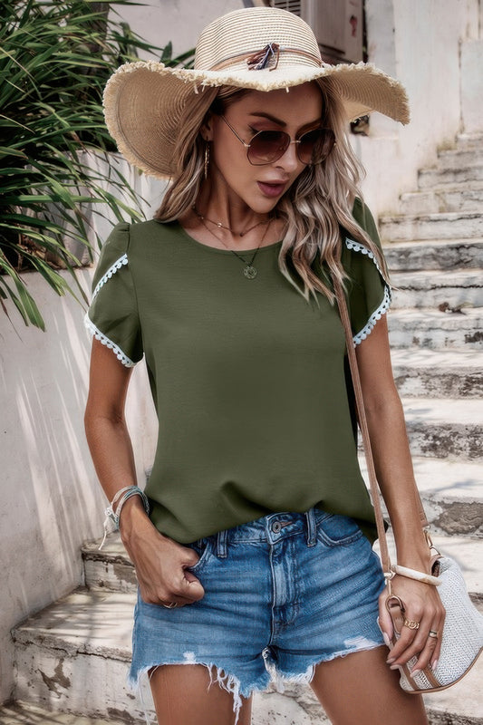 Color Block Trim Flutter Sleeve Round Neck Top - Tigbul's Variety Fashion Shop