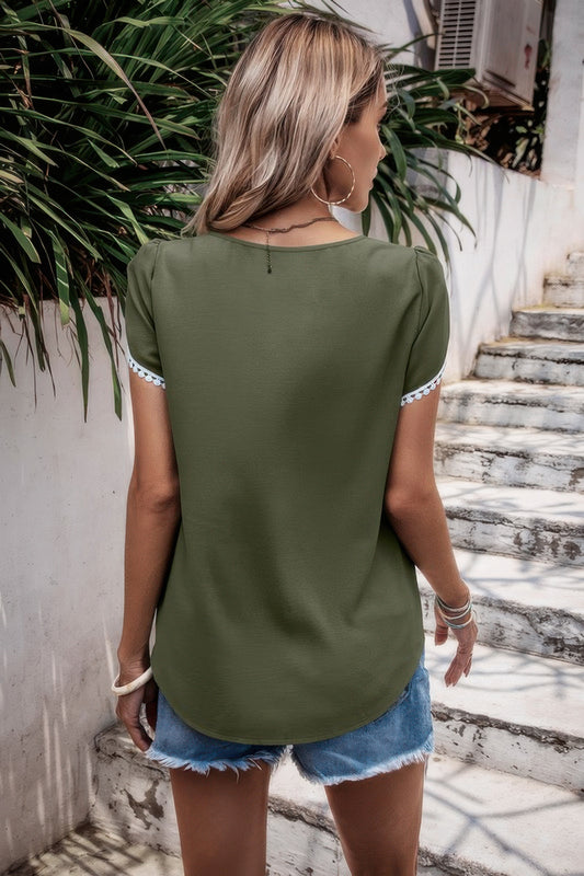 Color Block Trim Flutter Sleeve Round Neck Top - Tigbul's Variety Fashion Shop