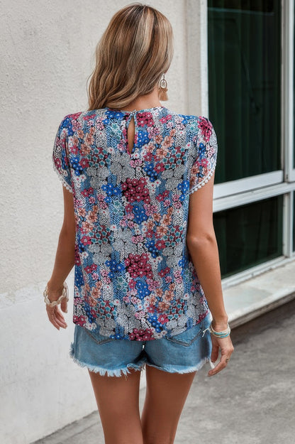 Floral Round Neck Lace Trimmed Fit Blouse - Tigbul's Variety Fashion Shop