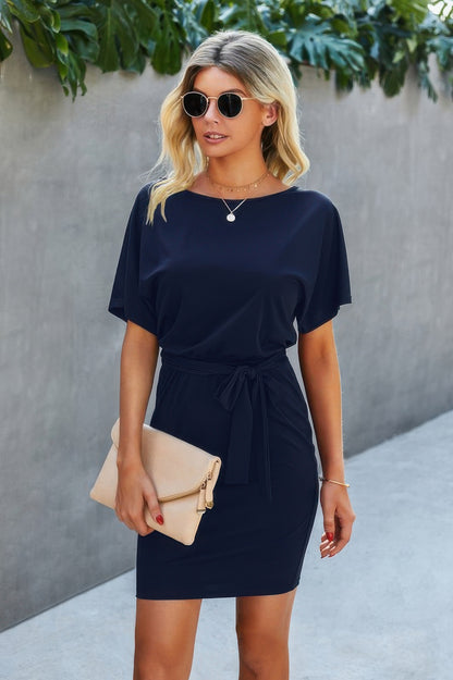 Boat Neck One-shoulder Short Sleeves Tie Dress - Tigbul's Variety Fashion Shop