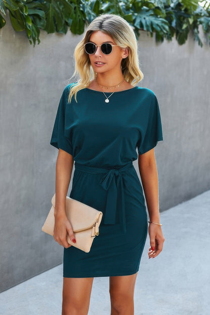 Boat Neck One-shoulder Short Sleeves Tie Dress - Tigbul's Variety Fashion Shop