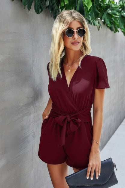 Stretch Belted Plunge Neck Wrap Knot Side Romper - Tigbul's Variety Fashion Shop