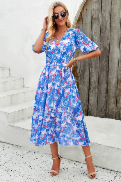 Floral V Neck Puffed Sleeve High Waist Dress - Tigbul's Variety Fashion Shop