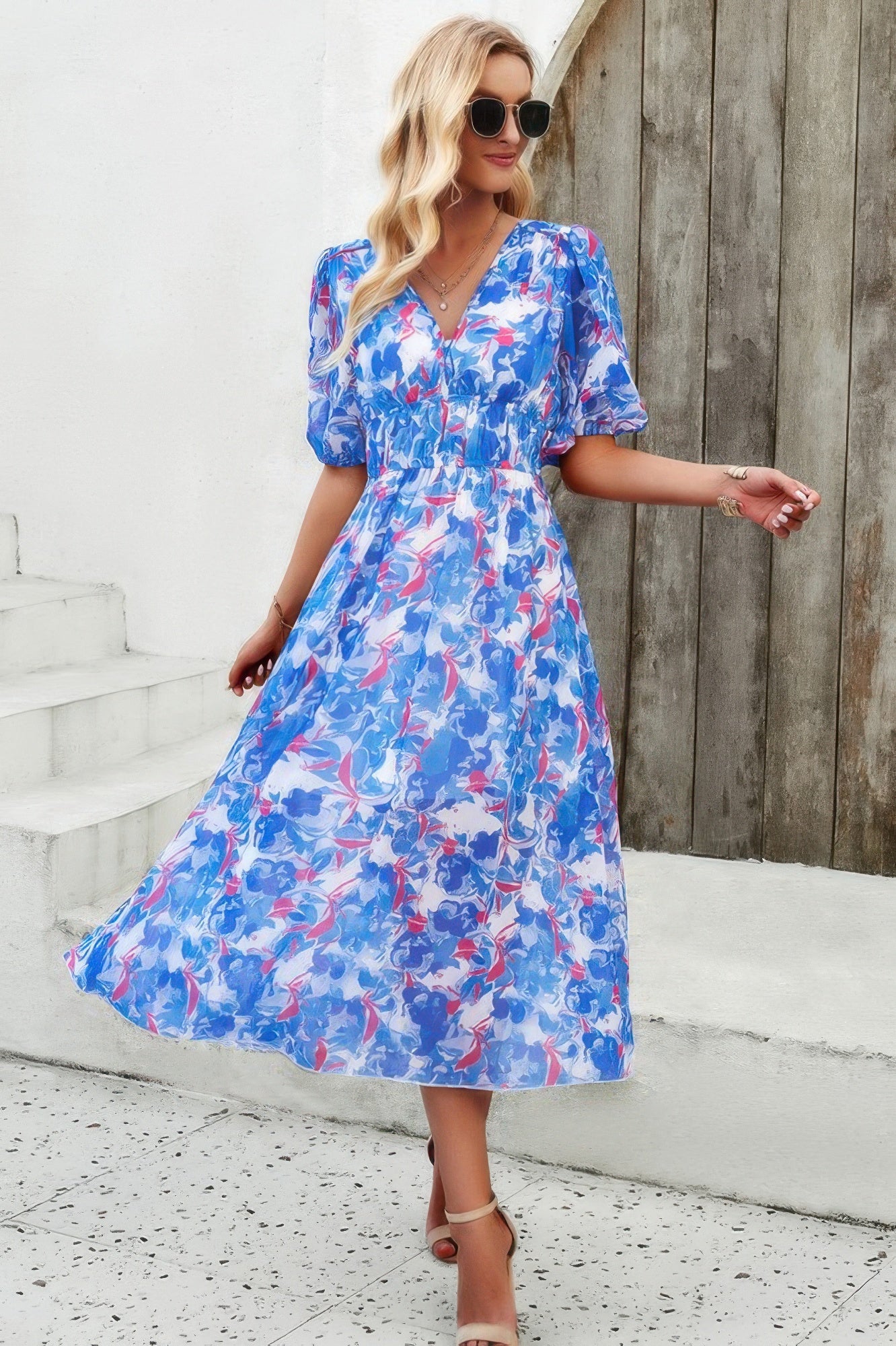 Floral V Neck Puffed Sleeve High Waist Dress - Tigbul's Variety Fashion Shop