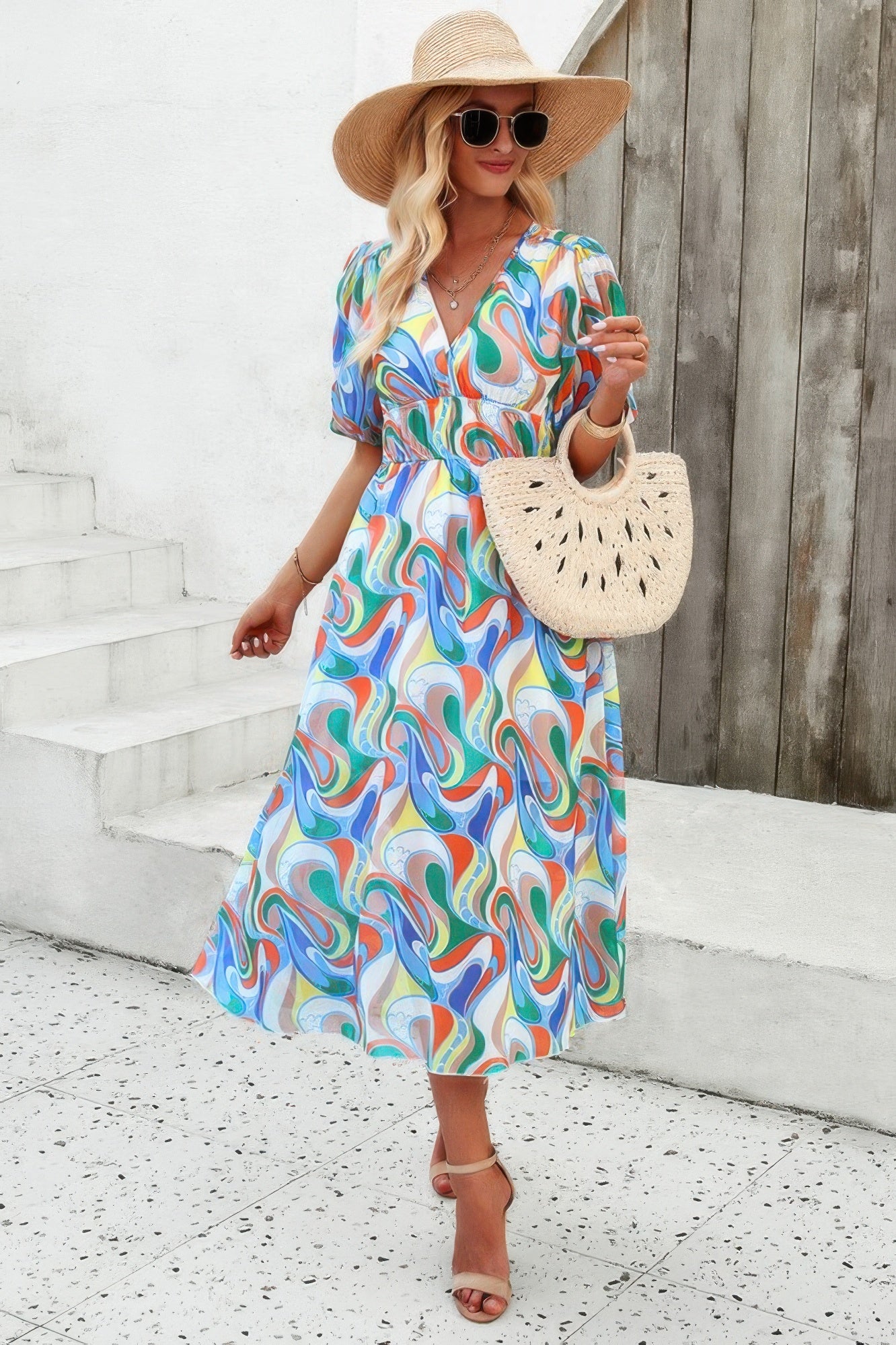 Floral V Neck Puffed Sleeve High Waist Dress - Tigbul's Variety Fashion Shop