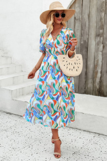 Floral V Neck Puffed Sleeve High Waist Dress - Tigbul's Variety Fashion Shop