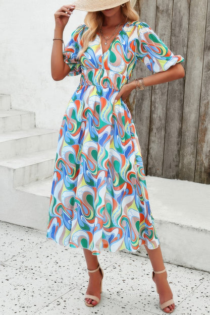 Floral V Neck Puffed Sleeve High Waist Dress - Tigbul's Variety Fashion Shop