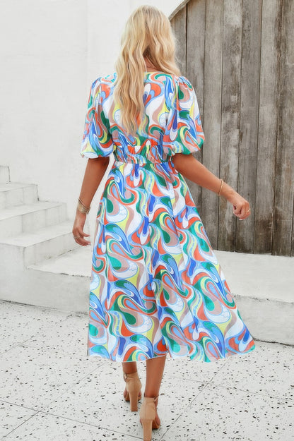 Floral V Neck Puffed Sleeve High Waist Dress - Tigbul's Variety Fashion Shop