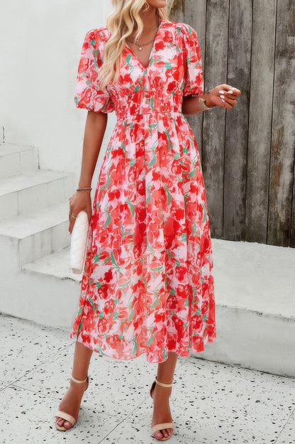 Floral V Neck Puffed Sleeve High Waist Dress - Tigbul's Variety Fashion Shop