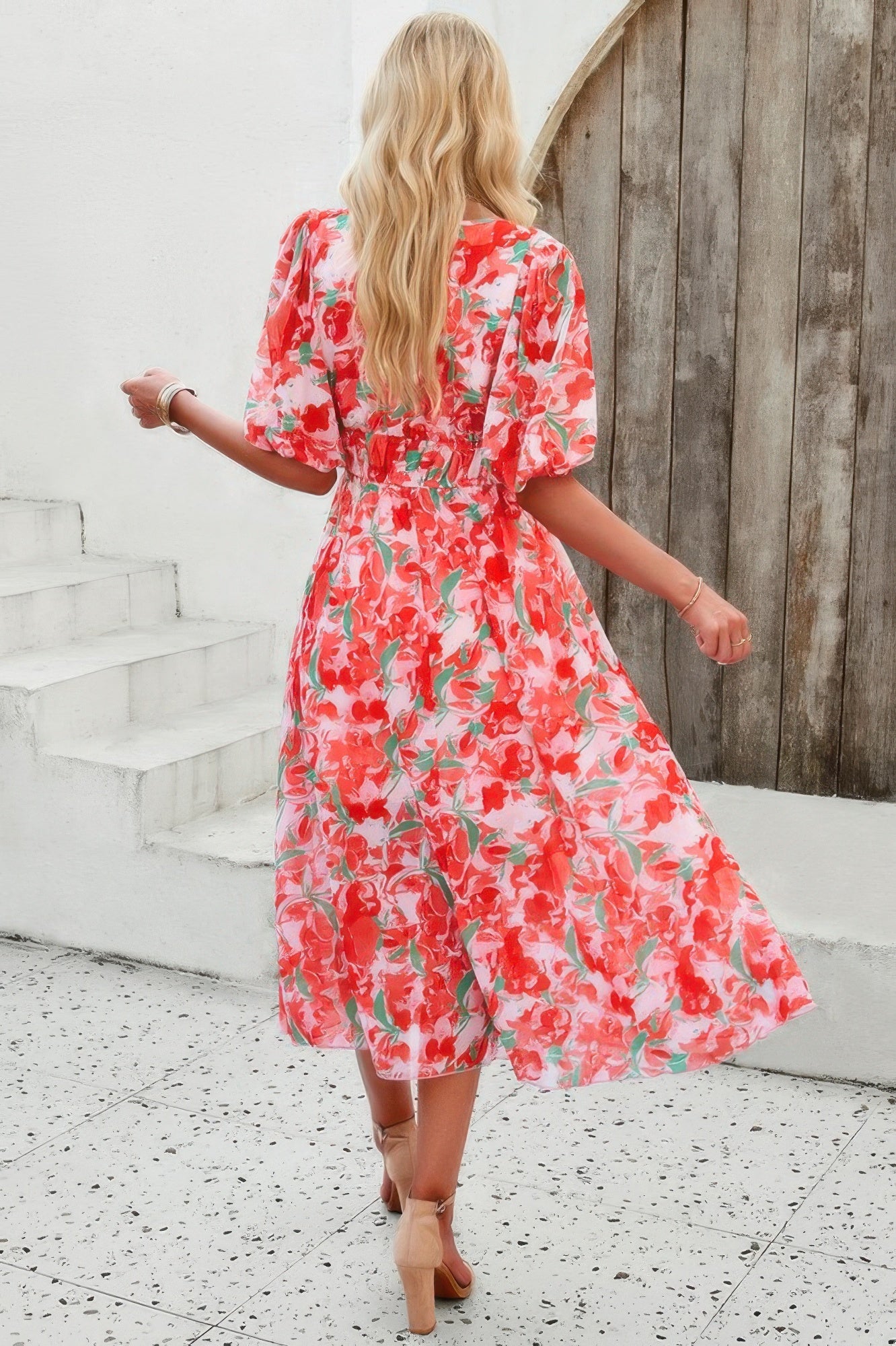 Floral V Neck Puffed Sleeve High Waist Dress - Tigbul's Variety Fashion Shop
